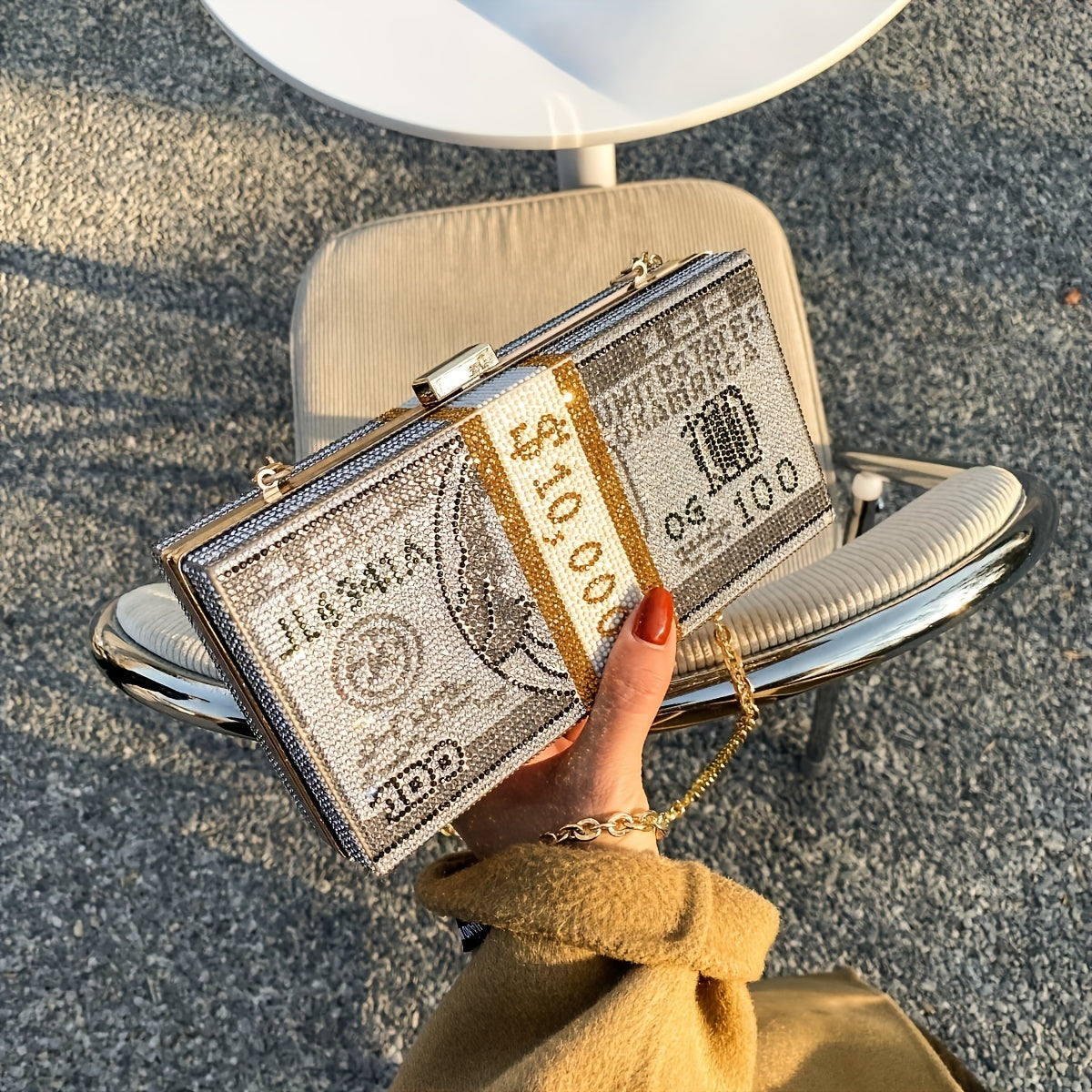 Fashion Dollar Bill Design Clutch - Rhinestone Evening Bag, Creative Personalized Handbag With Chain Shoulder Strap, Small Party Crossbody Purse, Bag - For Women - Perfect for Parties & Special Occasions - Ideal Gift